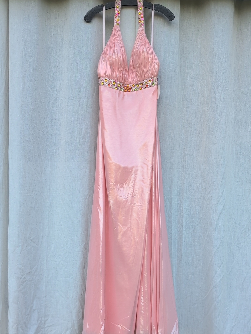 Pink Embellished Halter Evening Dress
